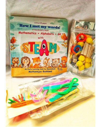 A vocabulary Activity Board Book kit: How I met my words! Math+ alphabets + GK with steam and stem activities for 1 to 3.5 years + craft supplies + wipe and clean by Mathsninjas Bookland